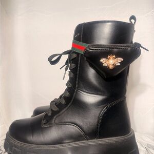 Black Lace-Up Platform Combat Boots with Bee Embellishment